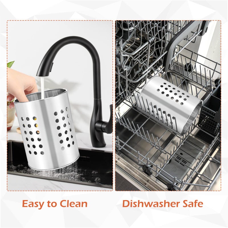 EORTA Stainless Steel Kitchen Utensil Holder Flatware Cylinder Silverware Draining Organizer Drying Rack with Round Drain Holes for Forks, Knives, Spoons, Chopsticks, Small - Image 5